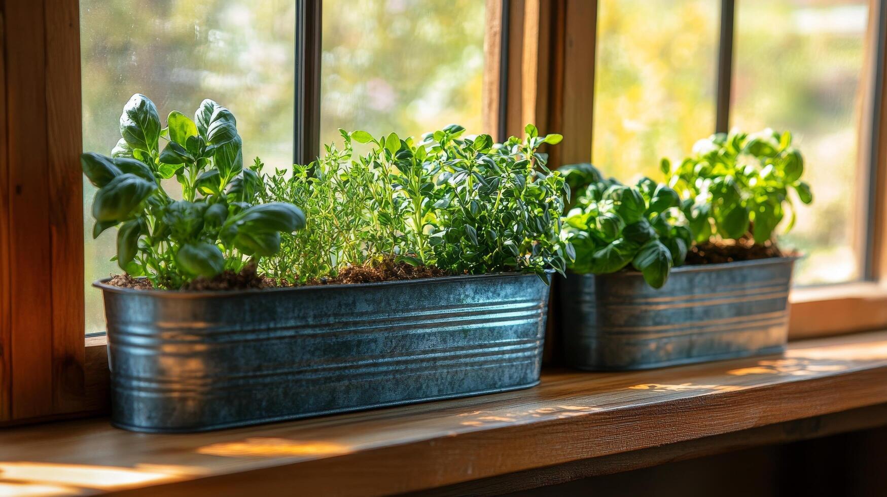Three metal containers with herbs on a window sill photo