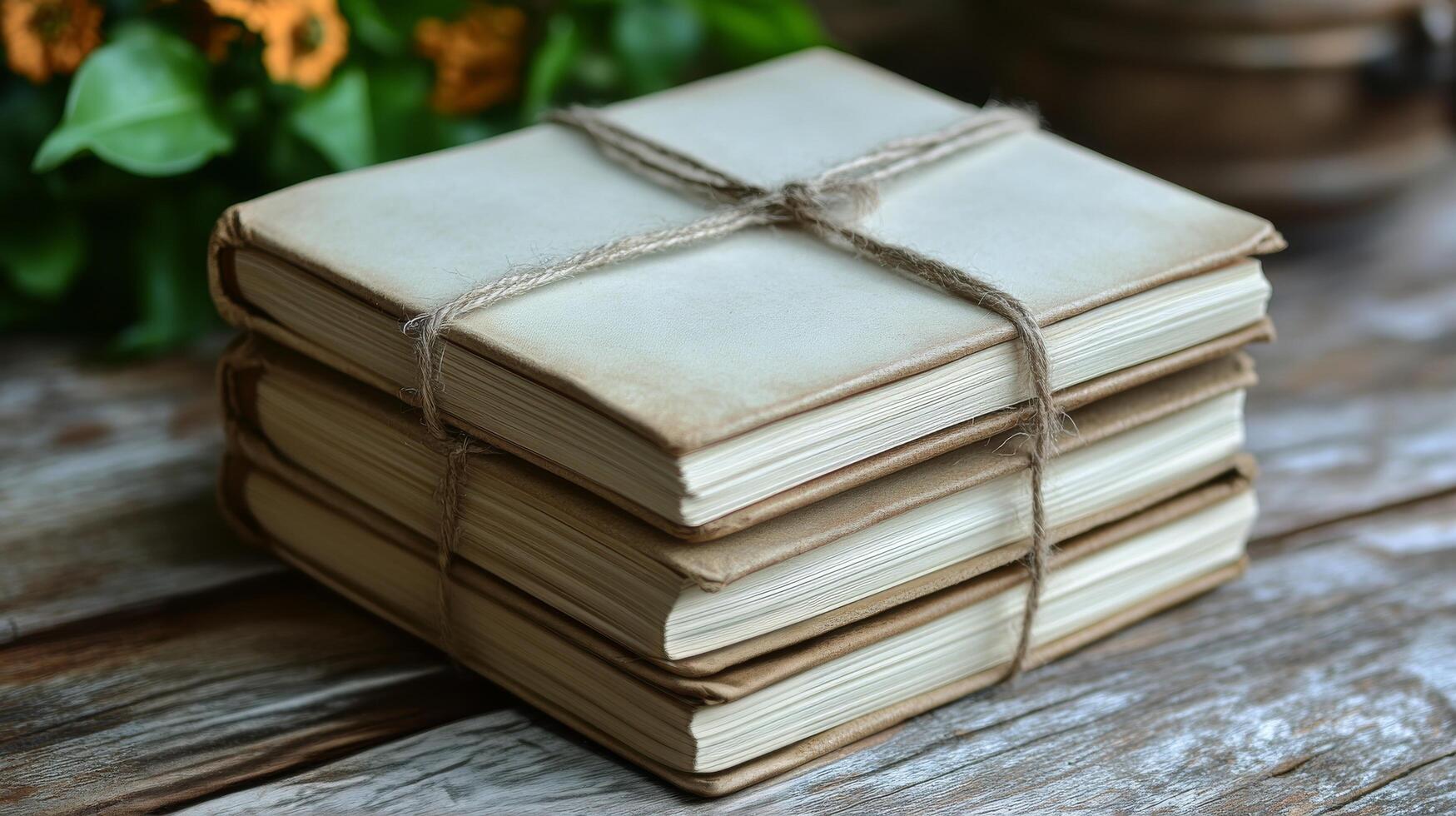 A stack of old books tied with twine on a wooden table photo