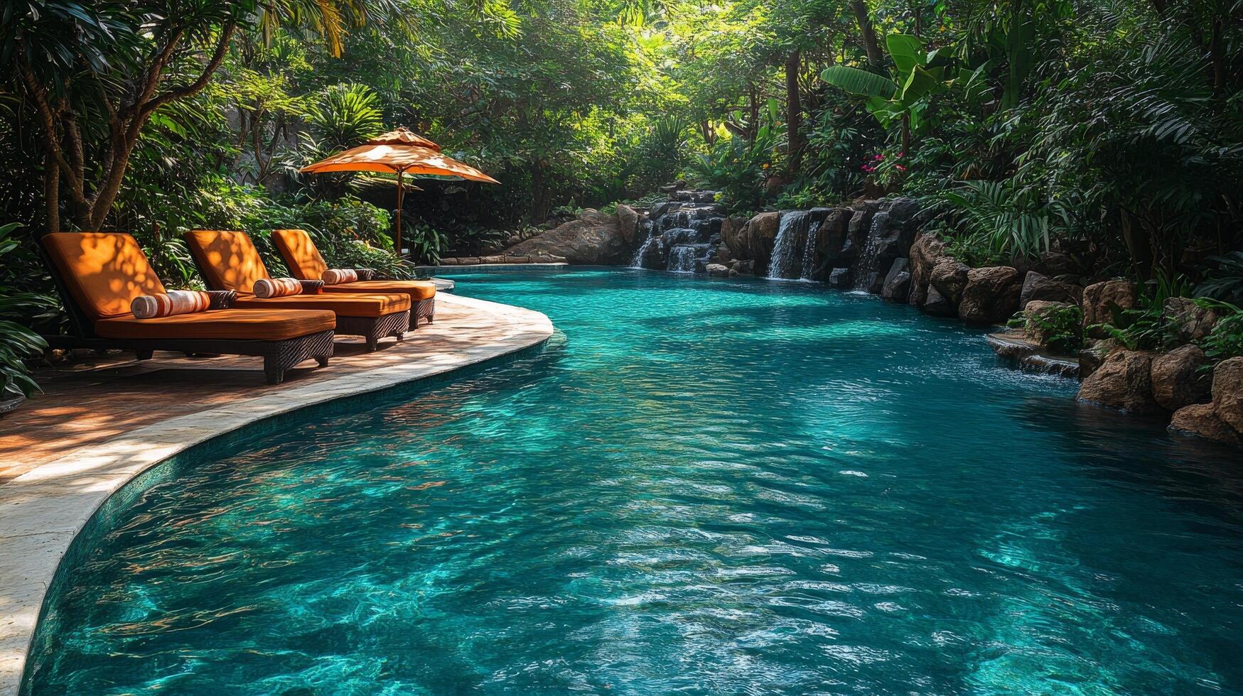 Luxury poolside retreat surrounded by lush greenery in a serene setting photo