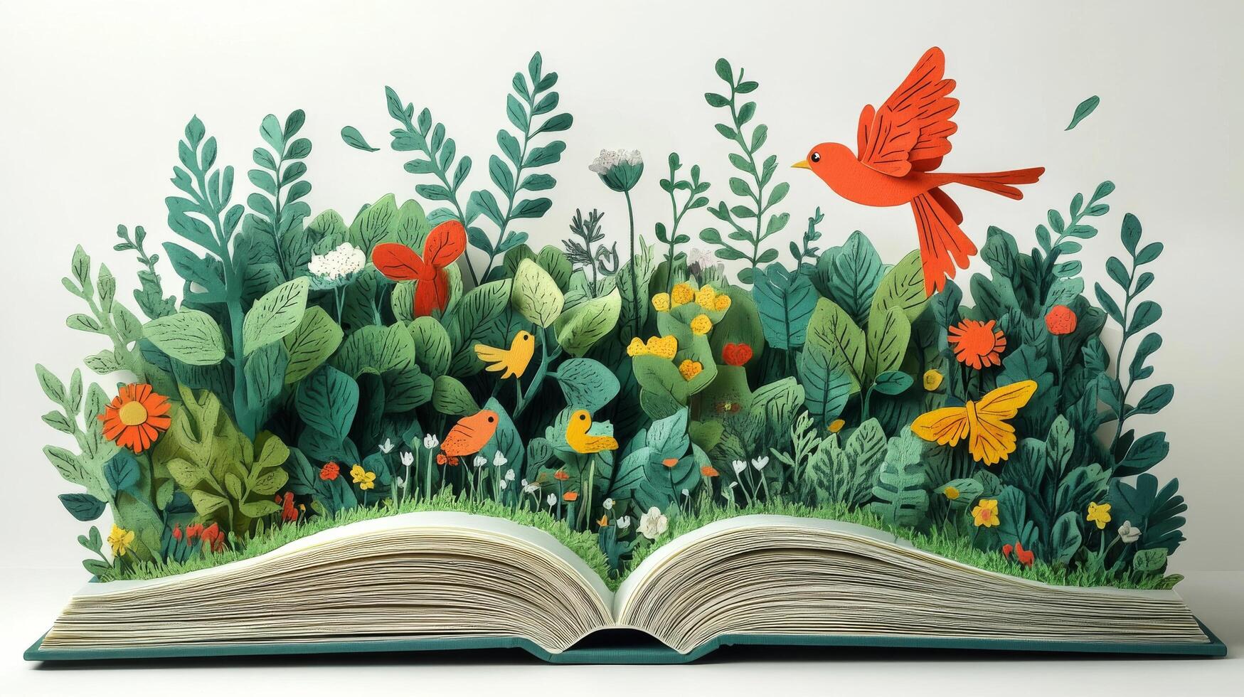 An open book with paper cut flowers and birds photo