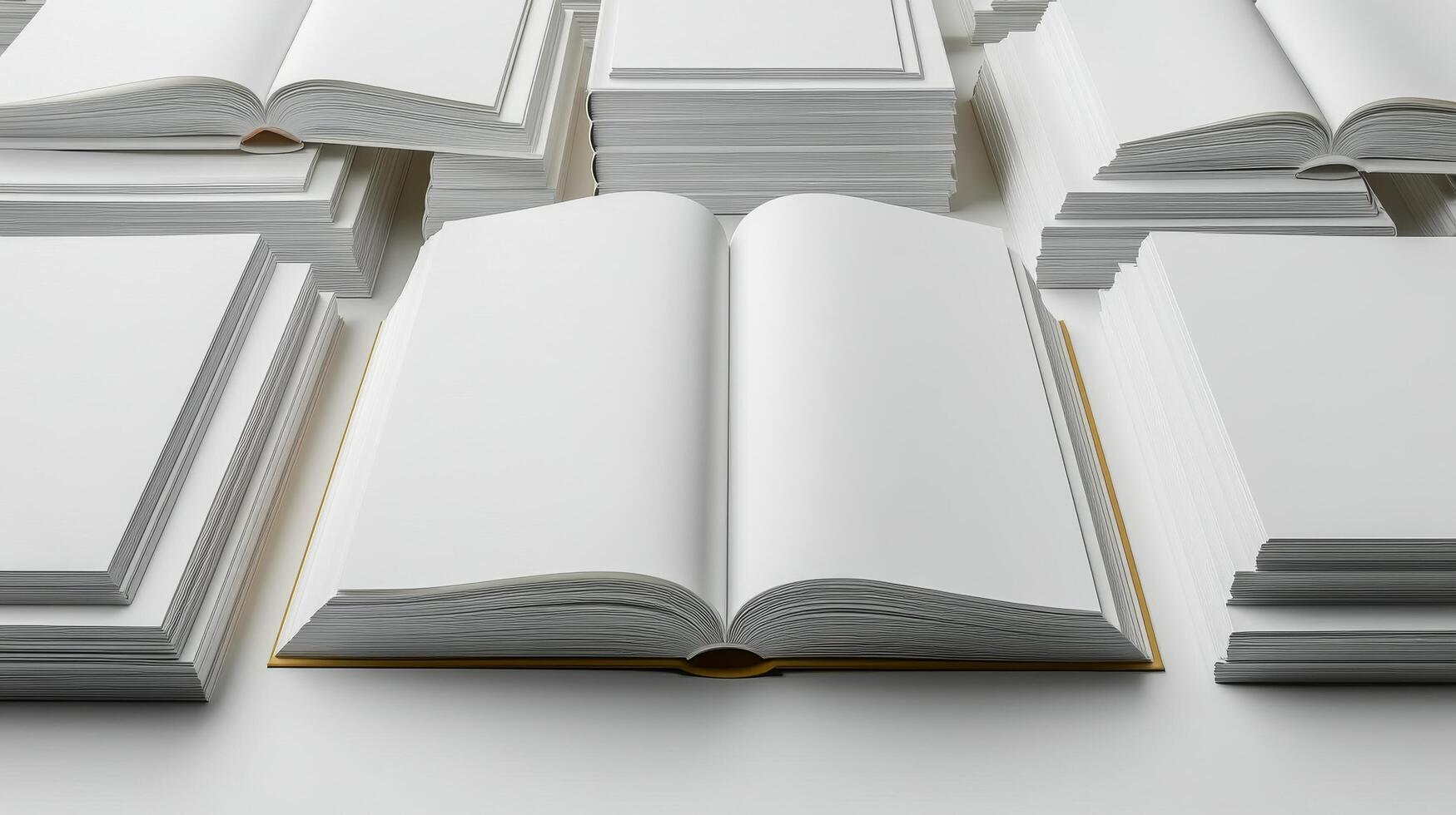 Many open books on a white surface photo