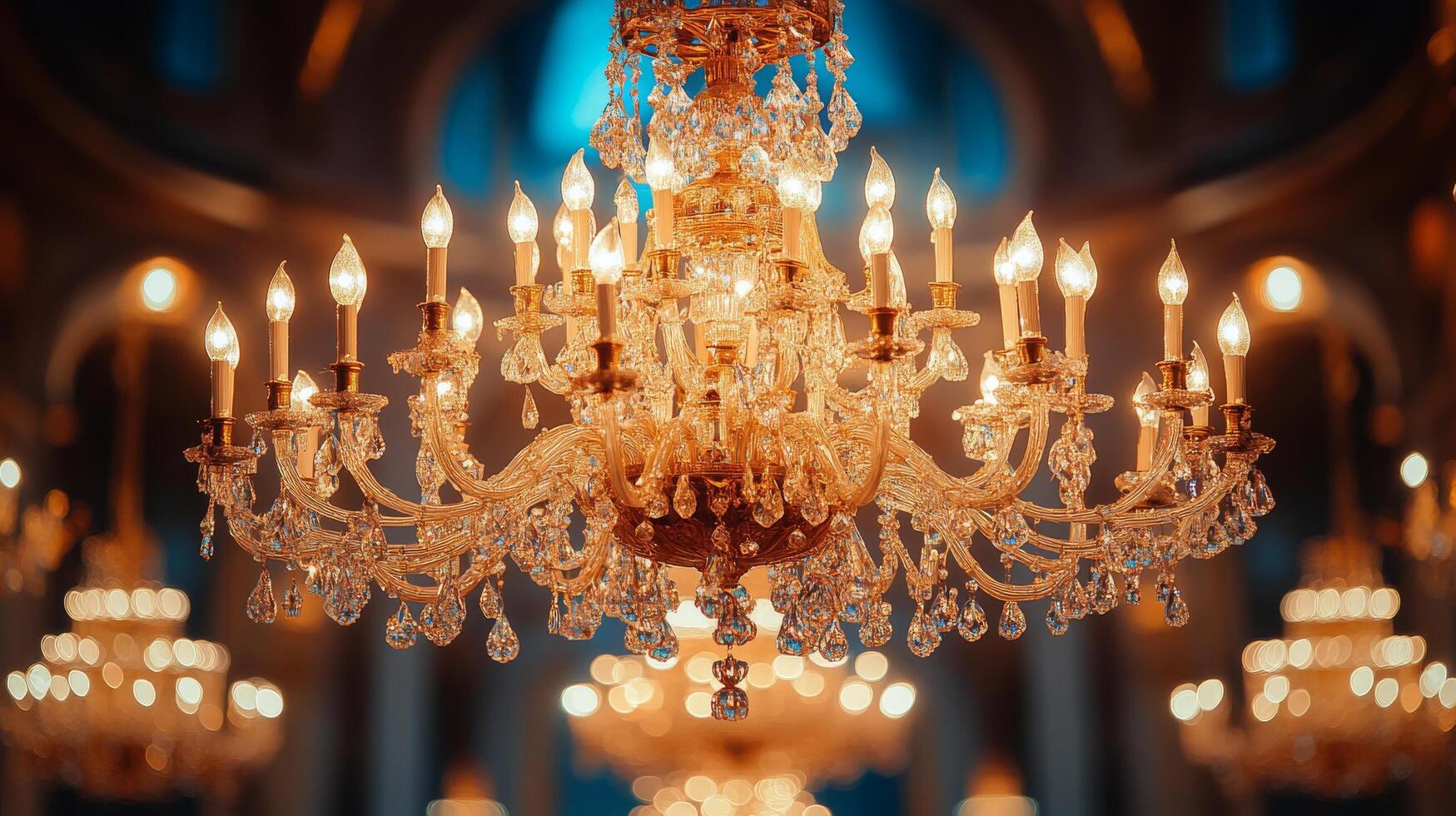 A chandelier with many lights in a room photo