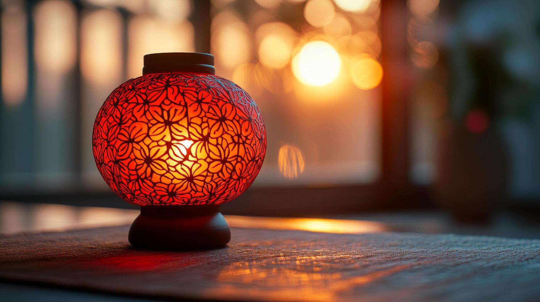 A red lamp sitting on a table in front of a window photo