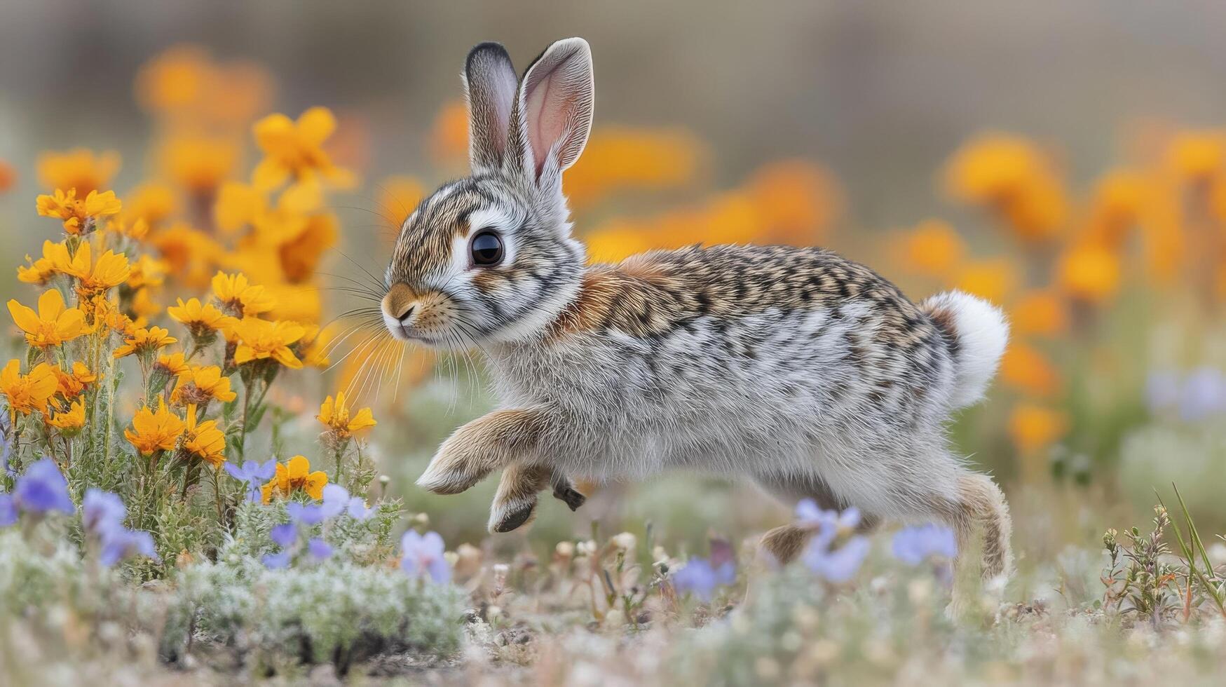A baby rabbit running through a field of flowers photo