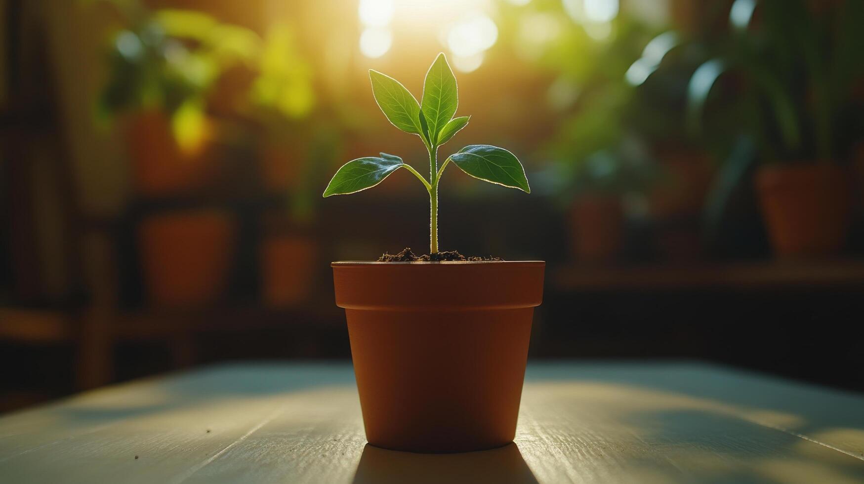 A small plant in a pot on a table photo