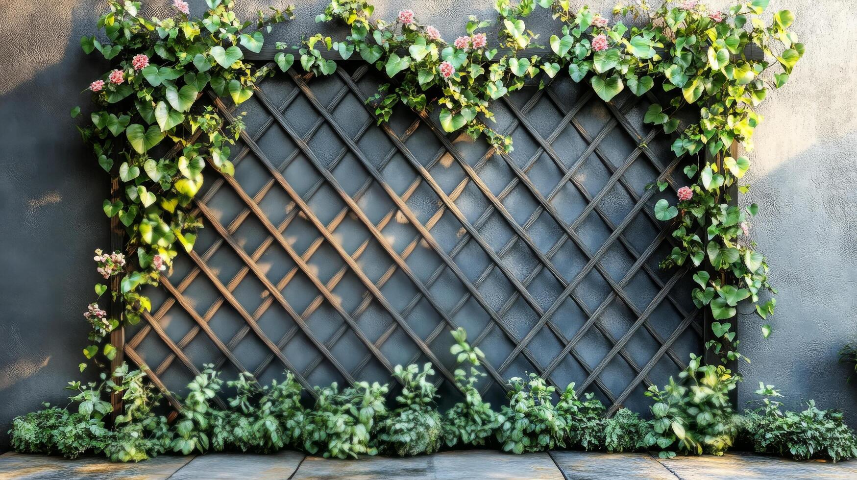 A garden with a trellis and plants photo
