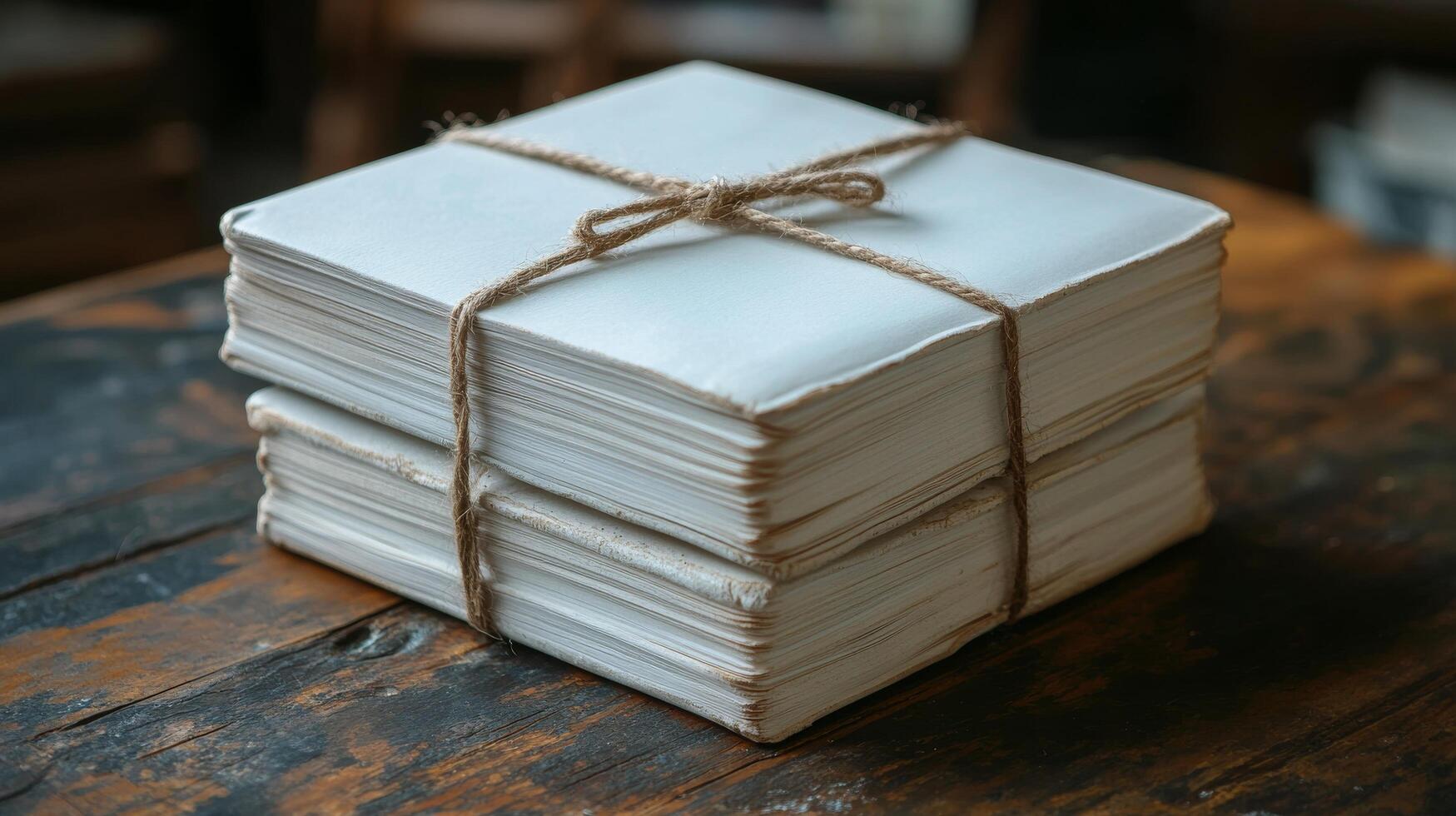 Stack of books tied with twine on a wooden table photo