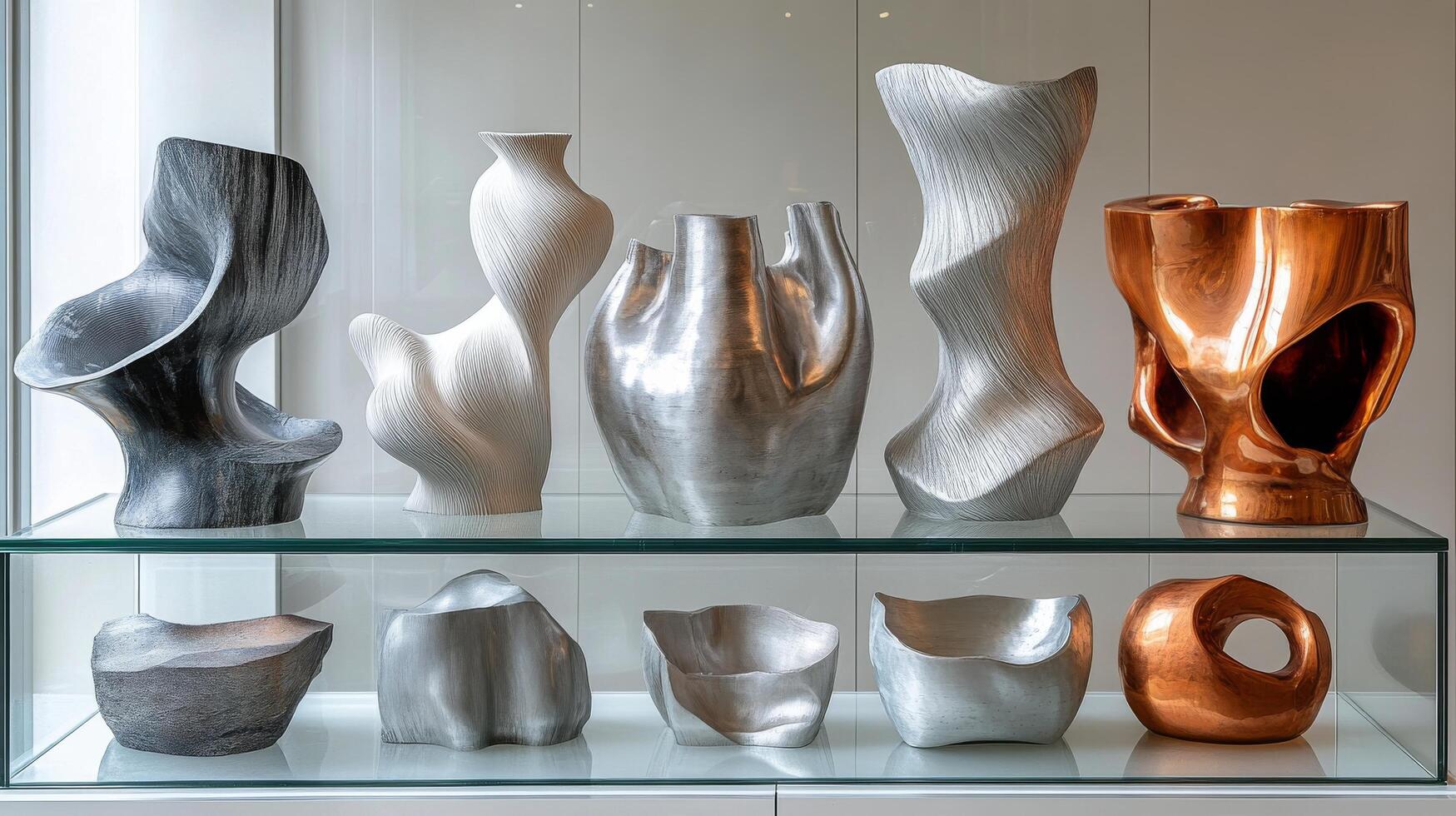 A display of vases on a glass shelf photo