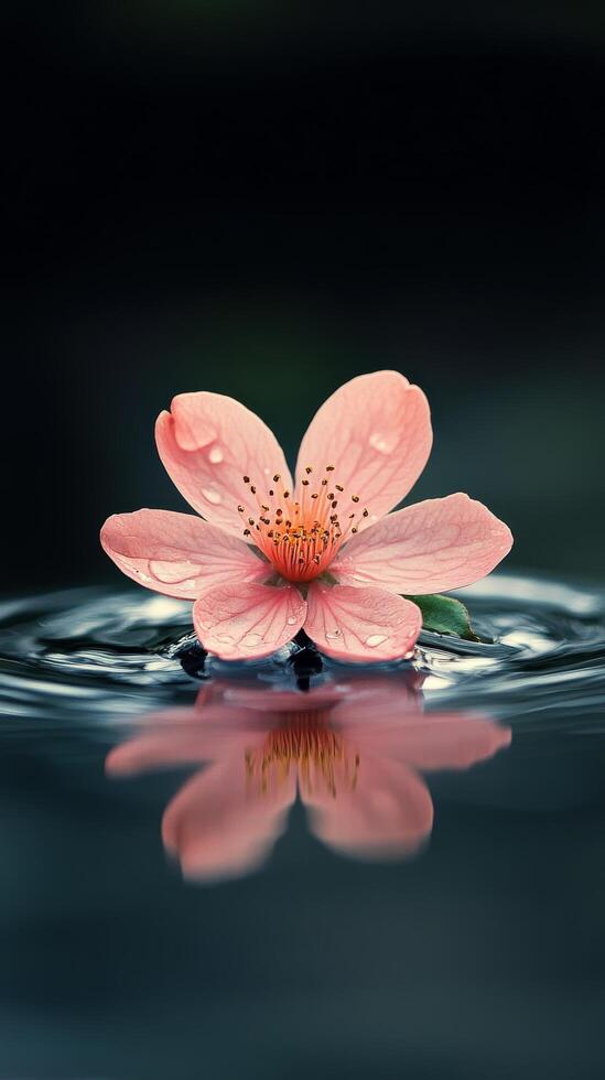 A single pink flower floating in water with a dark background photo