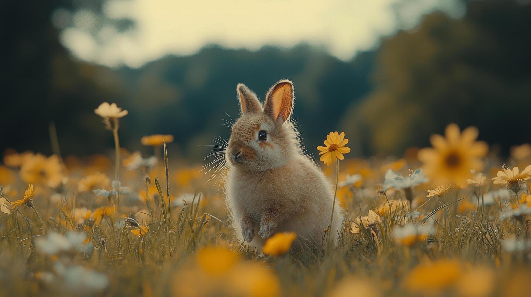 A small rabbit sitting in a field of flowers photo