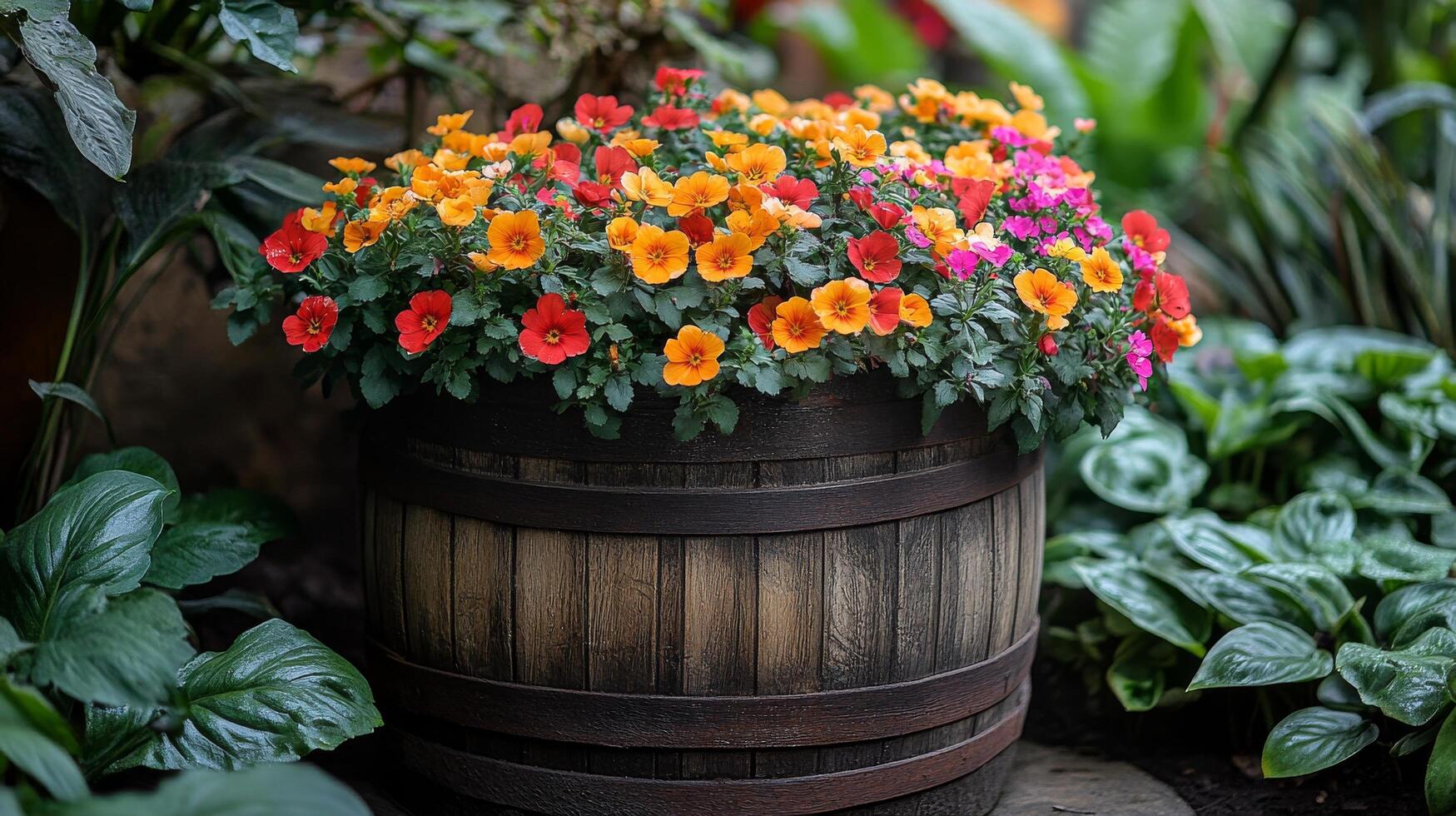 A barrel filled with colorful flowers in a garden photo