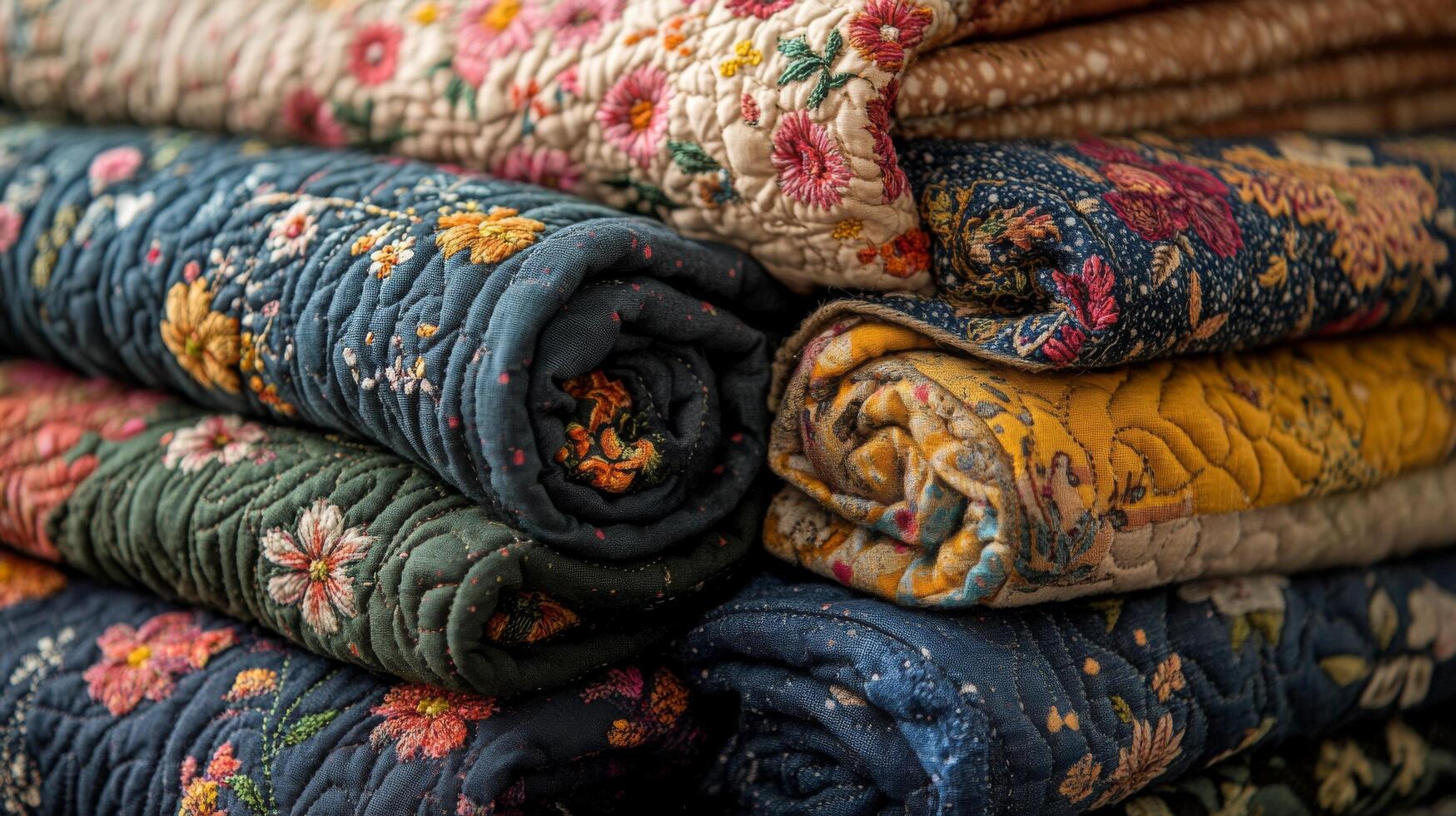 A stack of colorful quilts photo