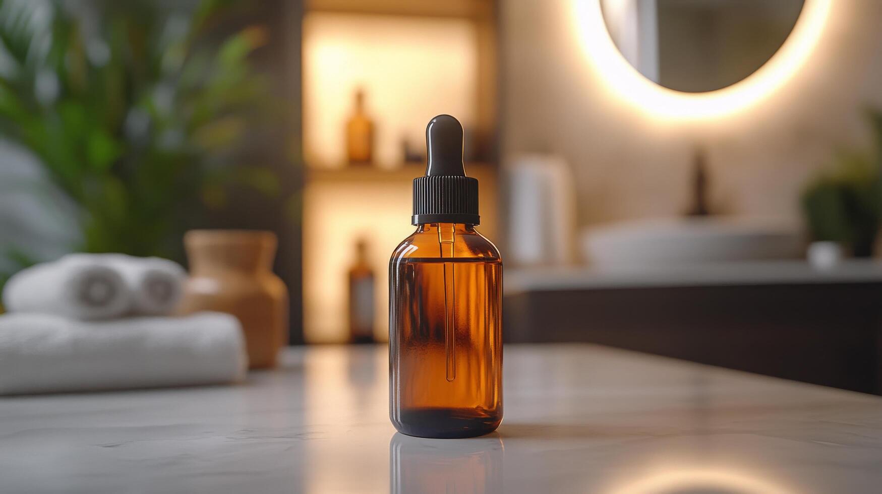 A bottle of essential oil sitting on a counter photo