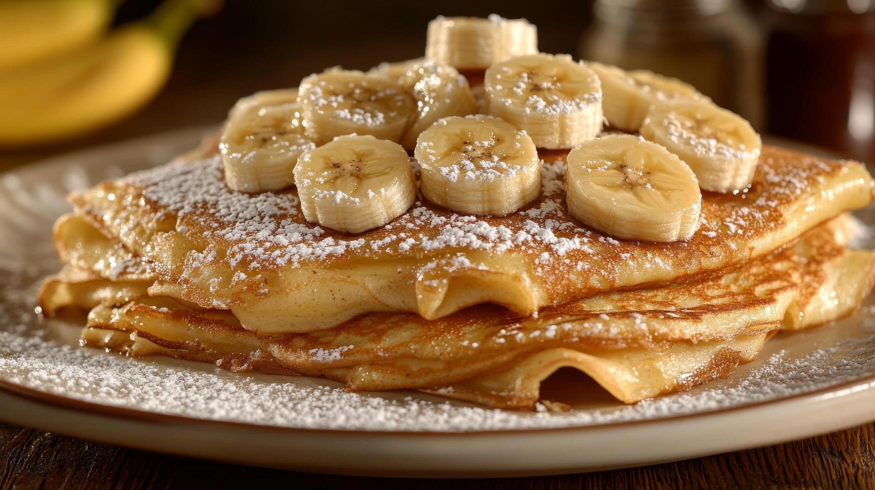 A stack of pancakes topped with bananas and powdered sugar photo