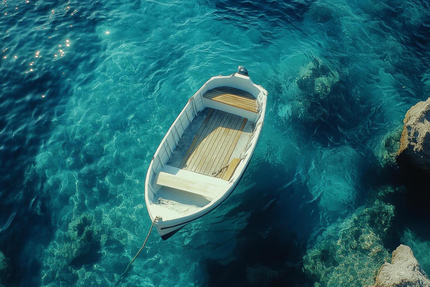 A boat floating in the water near rocks photo
