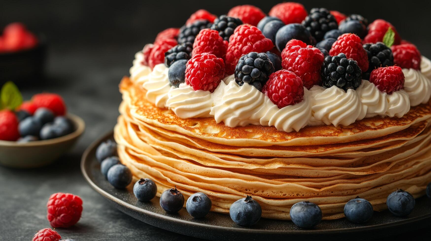 A stack of pancakes topped with berries and cream photo
