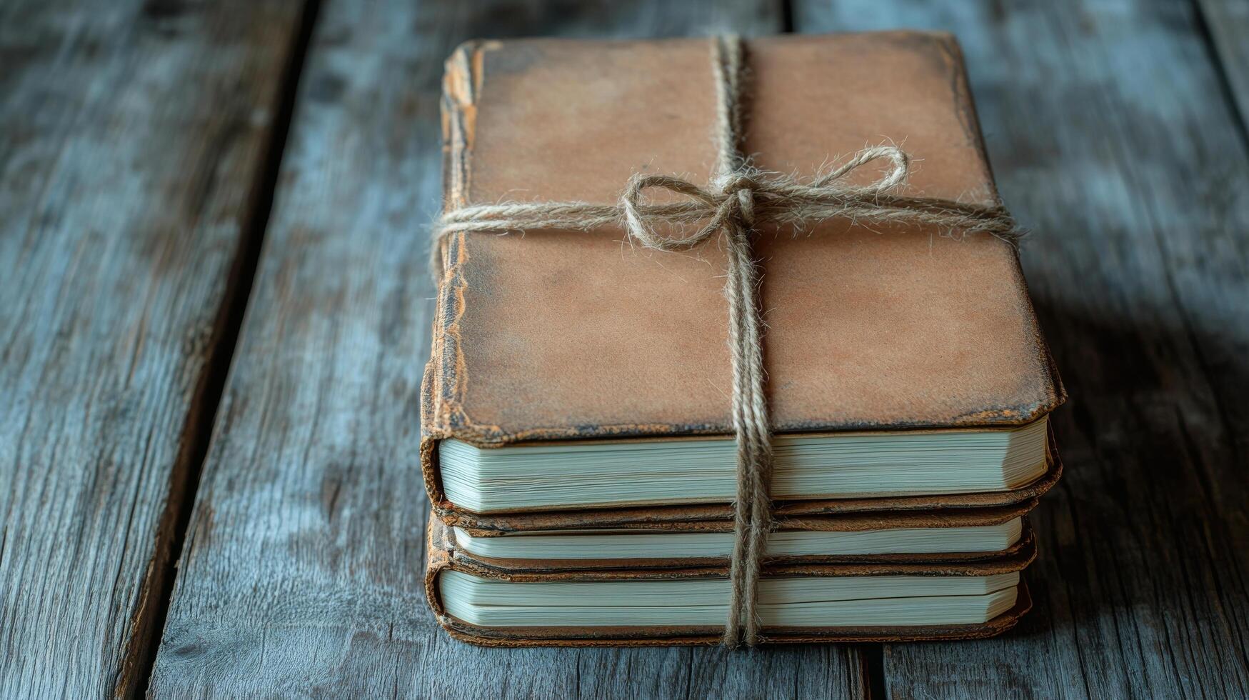 A stack of old books tied with twine on a wooden table photo