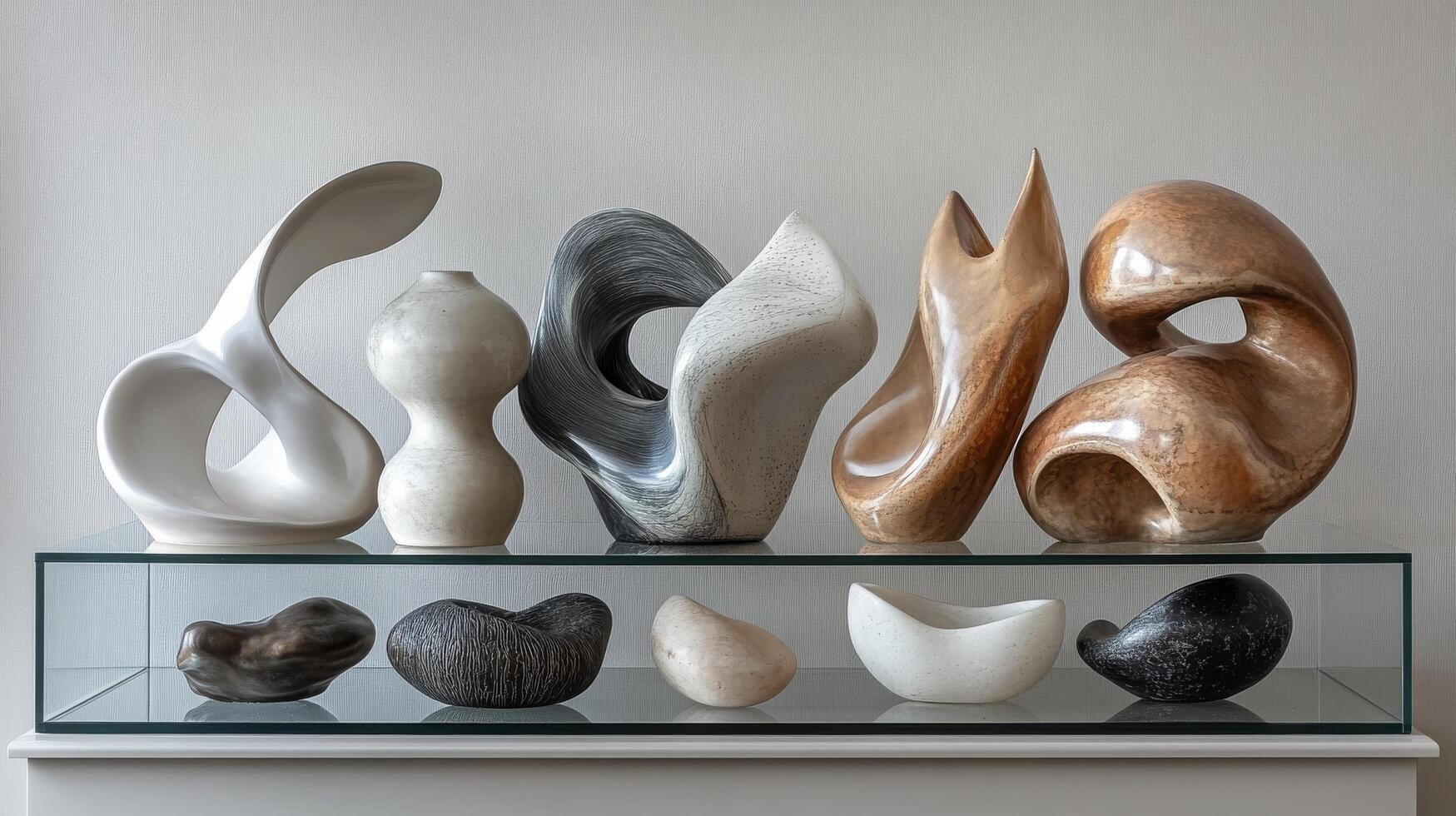 A glass display case with several different types of sculptures photo