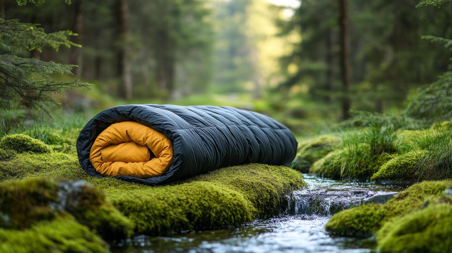 A sleeping bag is laying on the ground in a forest photo
