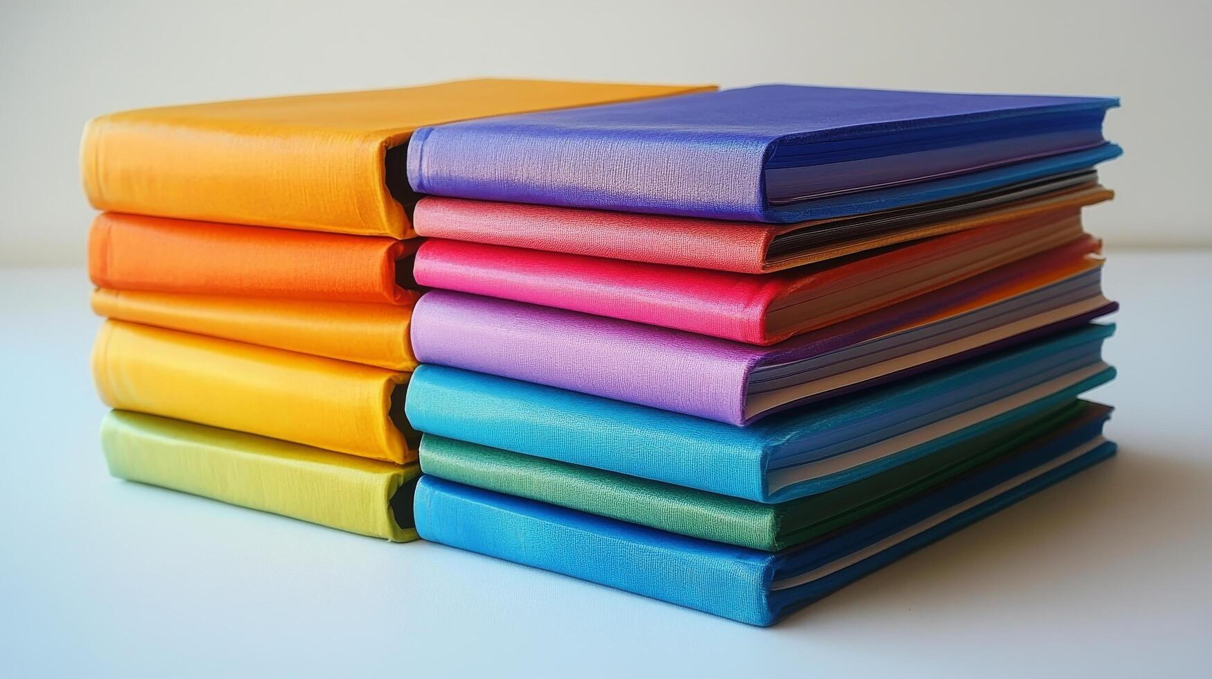 A stack of colorful books on a white surface photo