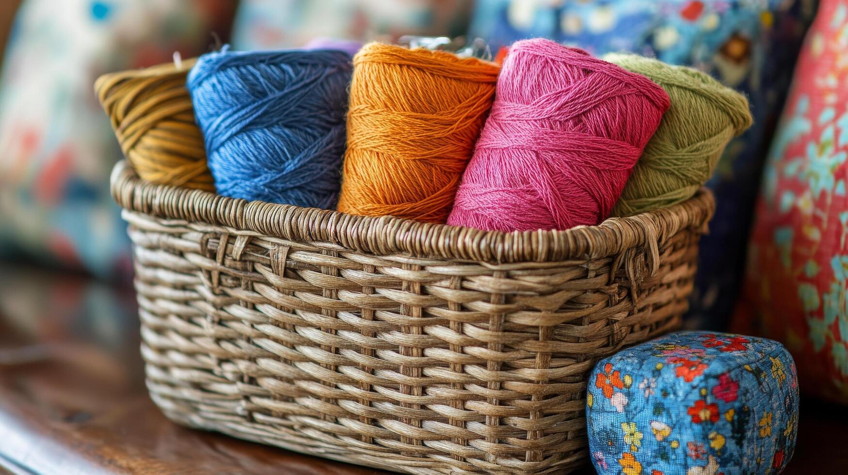 A basket with yarn and a colorful cushion photo