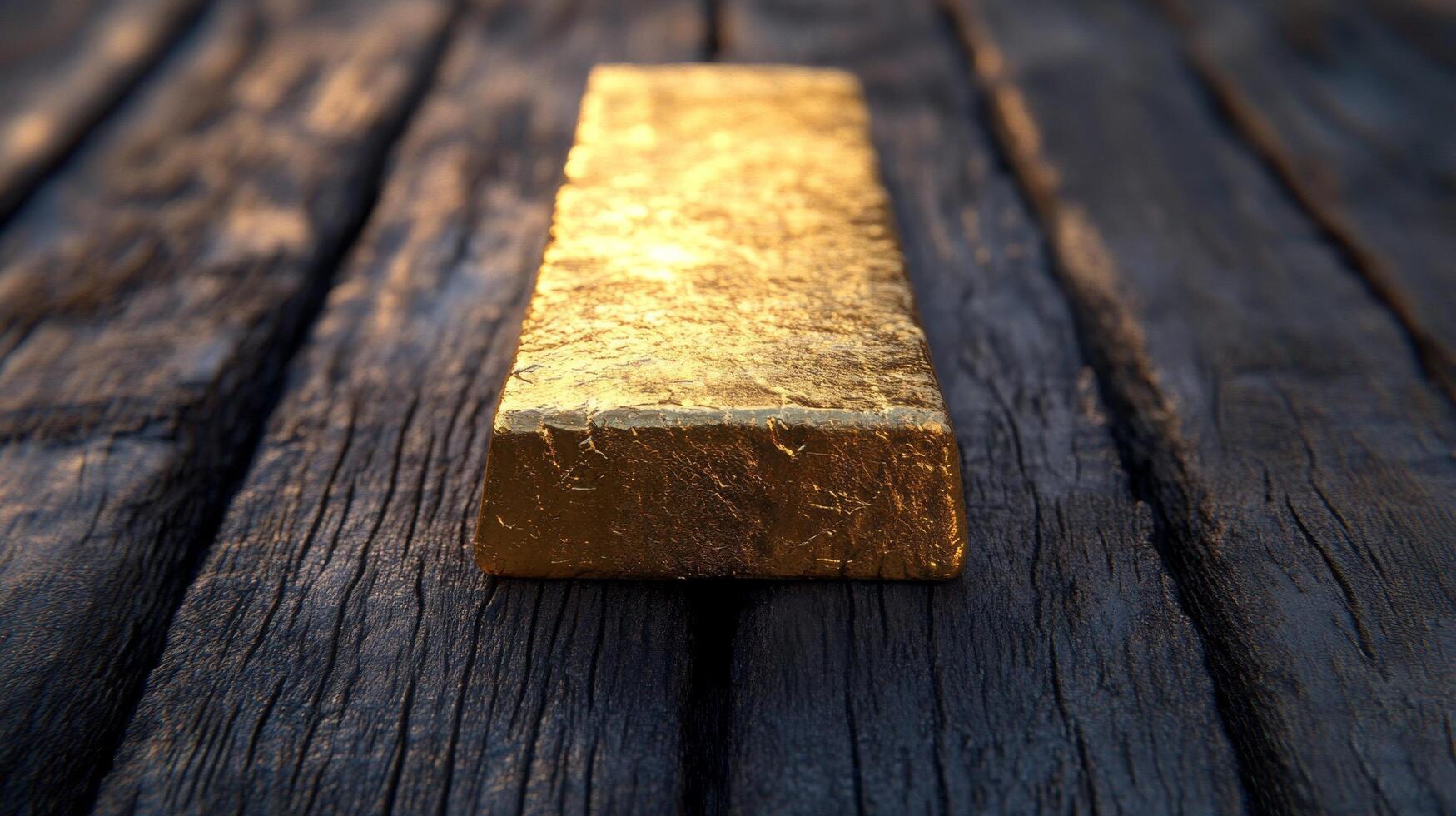 Gold bar resting on a wooden surface showcasing its shine and texture under natural light photo