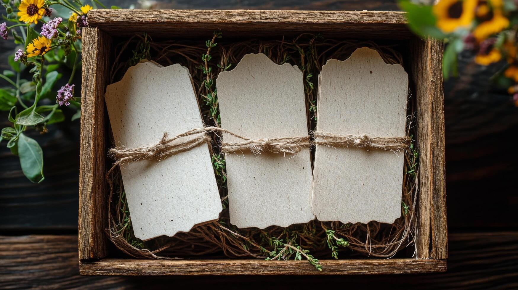 Three white tags in a wooden box with twine photo