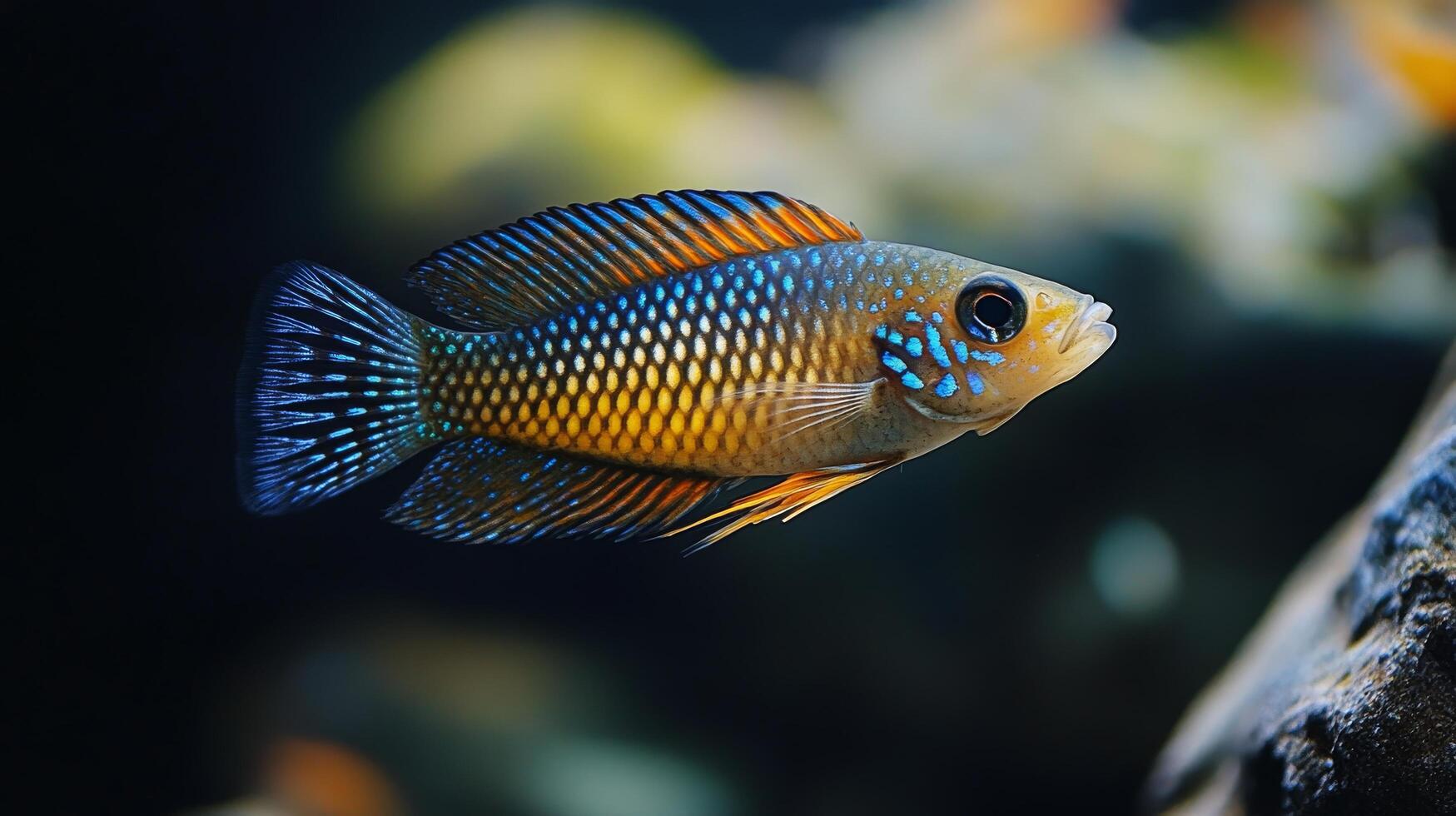 A fish with blue and orange stripes swimming in an aquarium photo