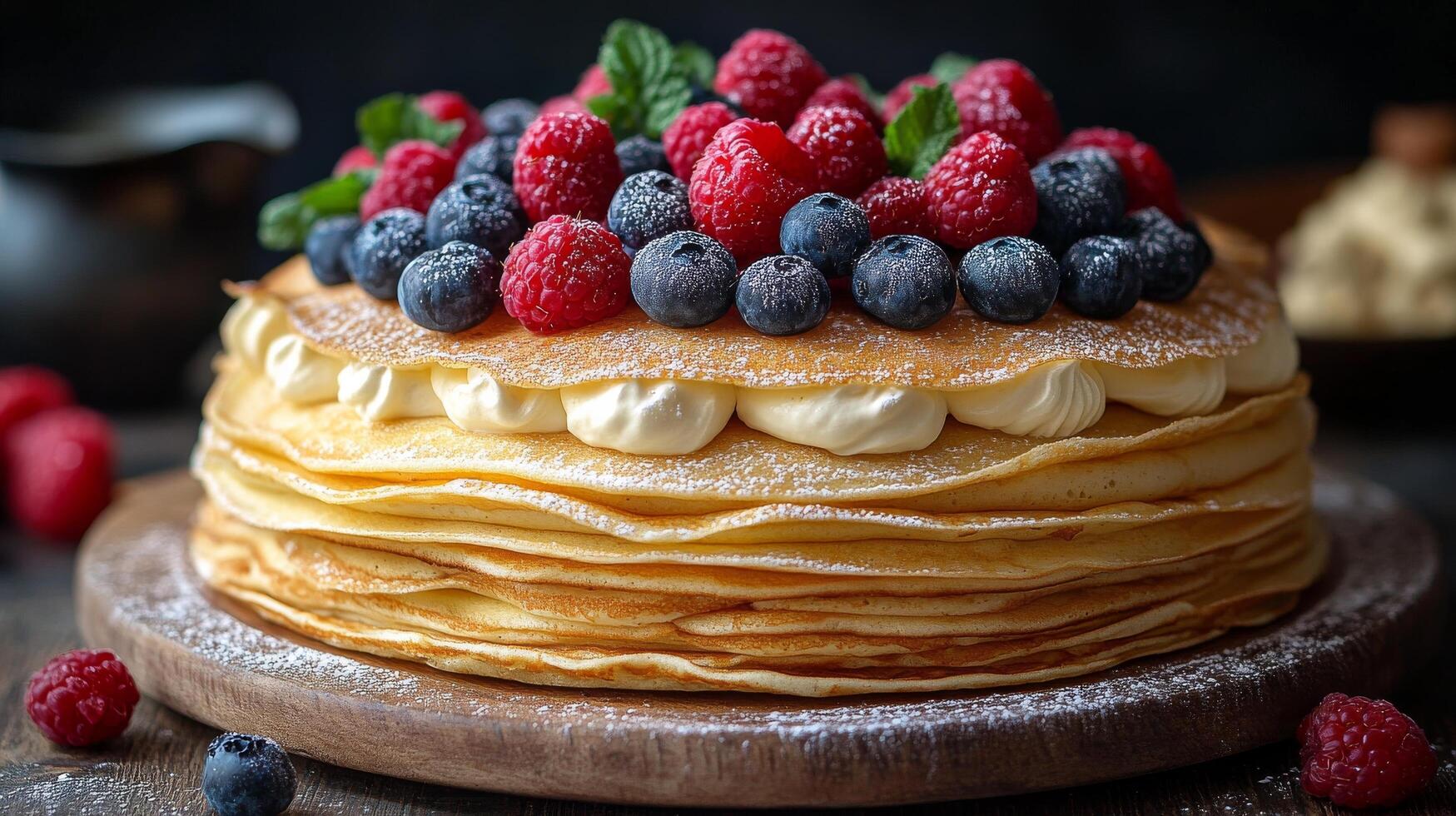 A stack of pancakes with berries and cream photo