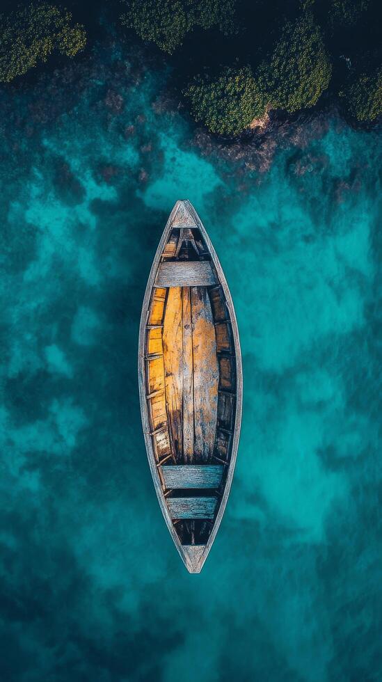 An aerial view of a boat floating in the ocean photo