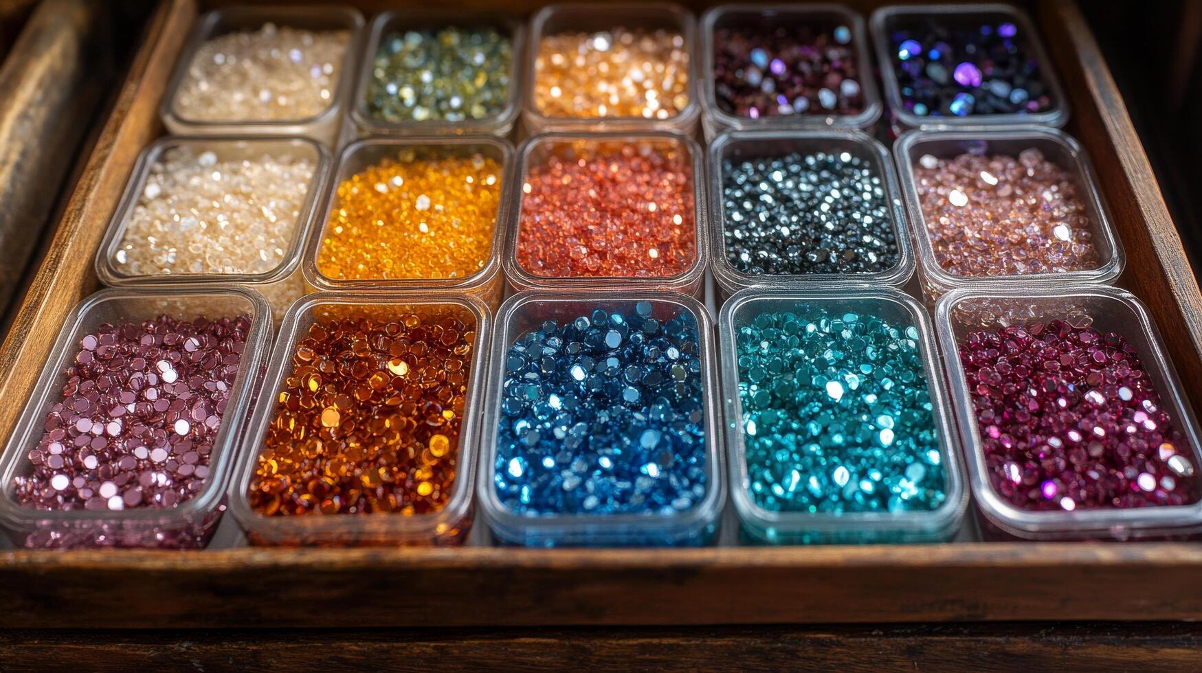 A wooden box filled with colorful beads photo