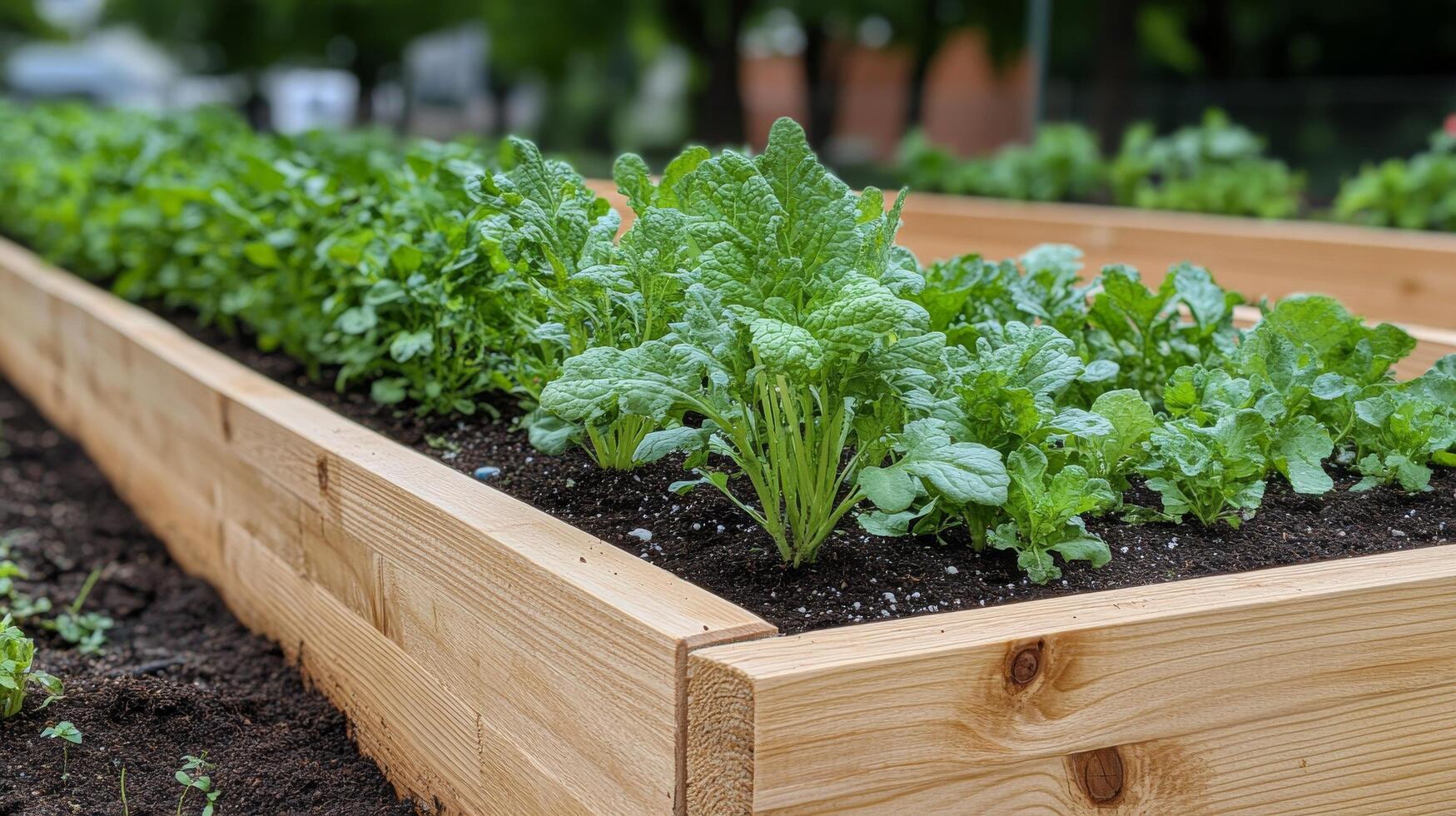 A raised garden bed with plants growing in it photo