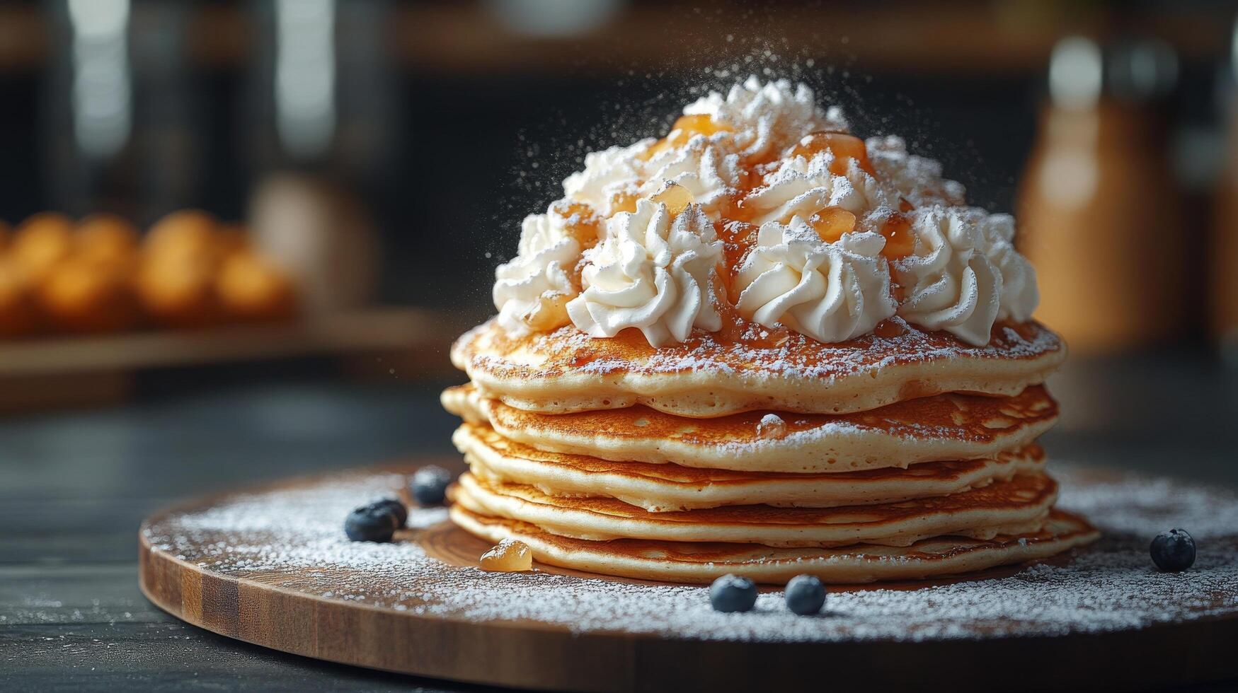 A stack of pancakes with whipped cream and blueberries photo
