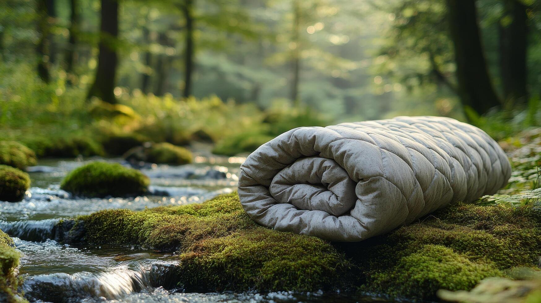 A sleeping bag is rolled up in the woods photo