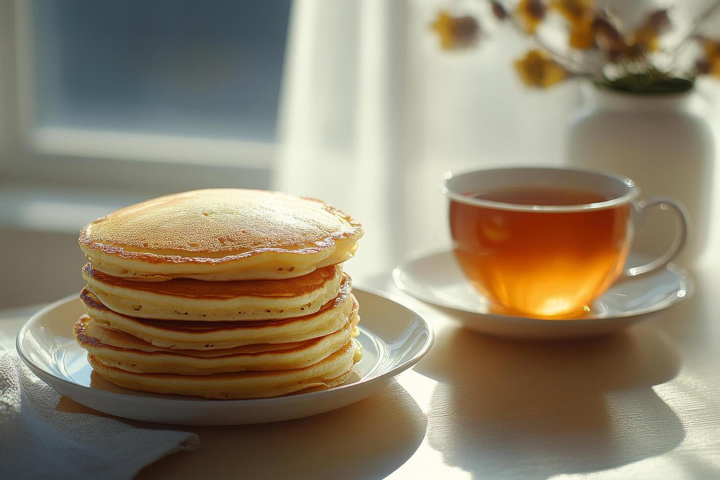 A stack of pancakes on a plate next to a cup of tea photo