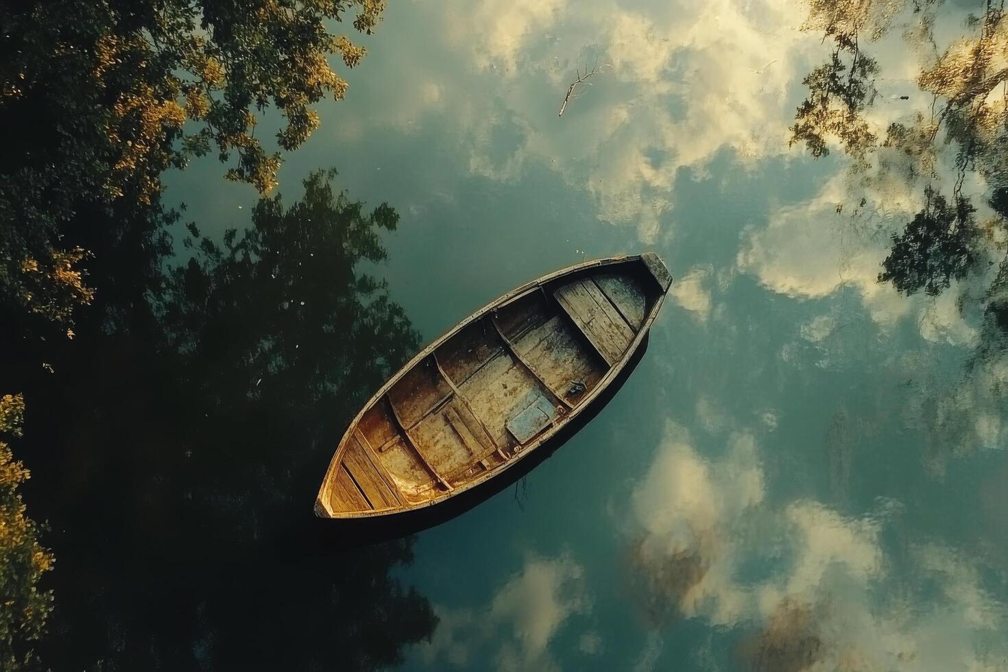 A boat floating in the water with trees and clouds photo