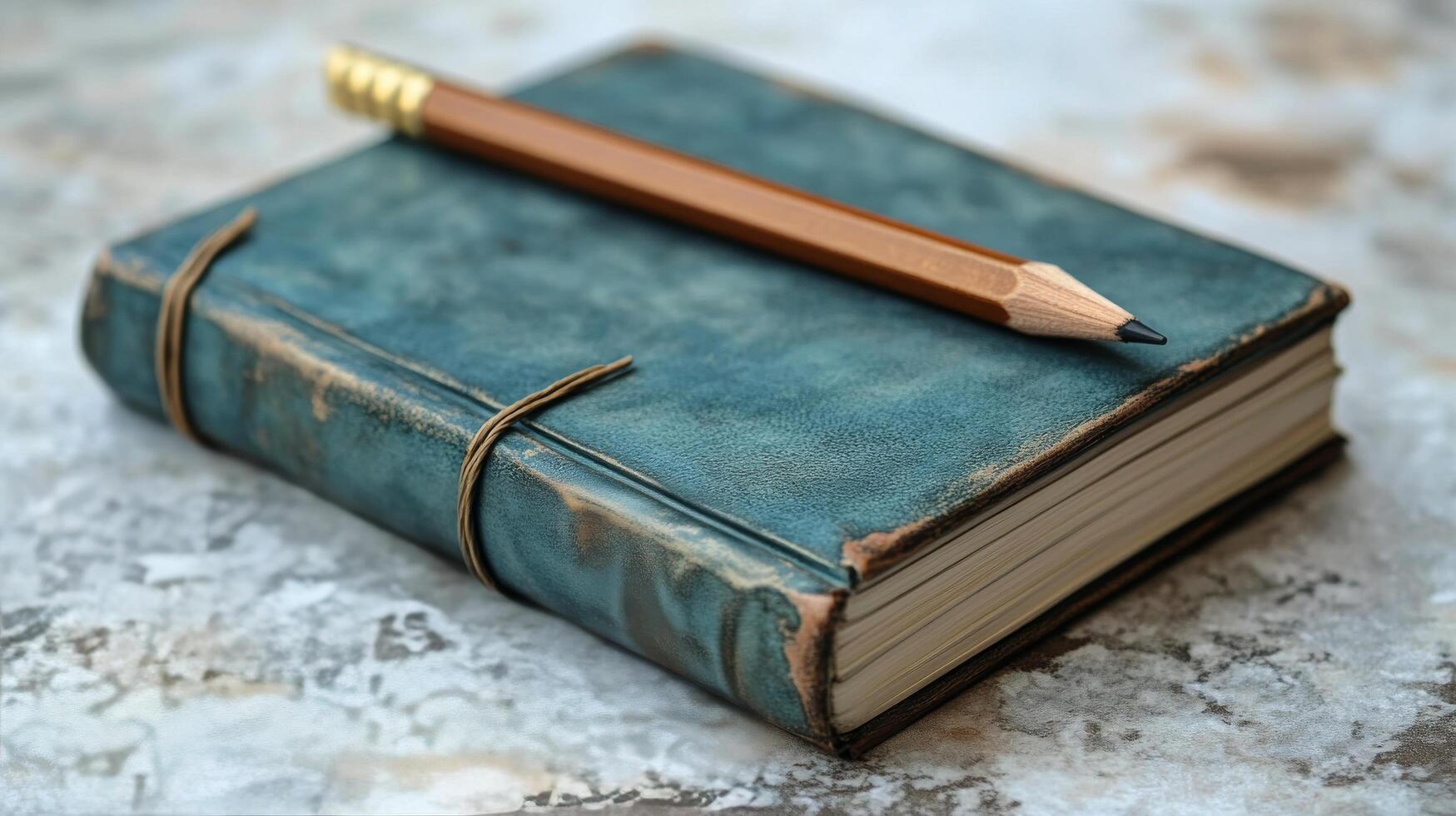 A pencil and an old book on a table photo