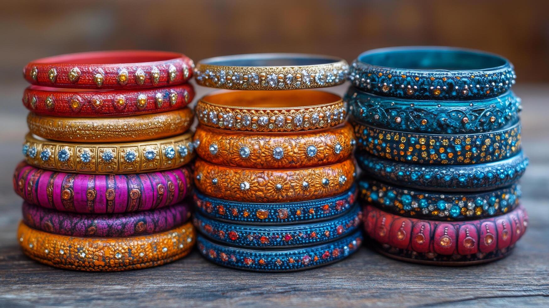 A stack of colorful bangles on a wooden table photo