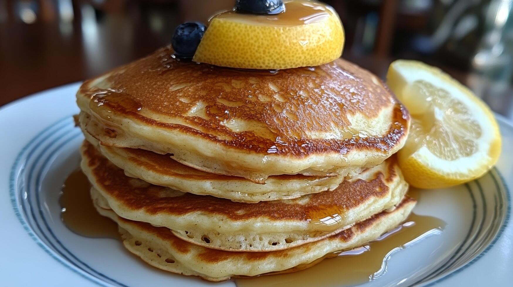 A stack of pancakes with syrup and lemon slices photo