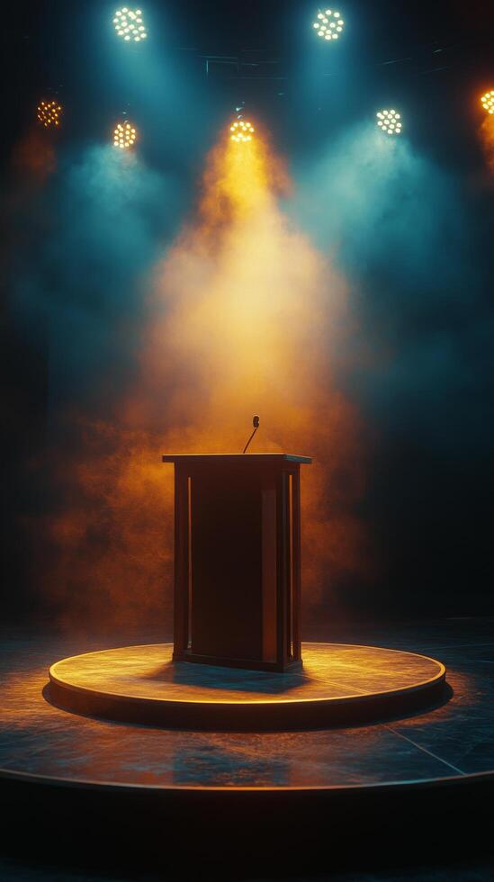 A stage with a microphone and spotlight photo