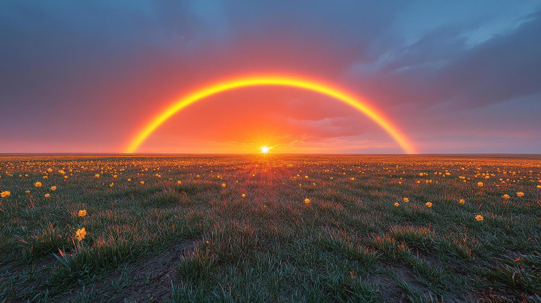 A rainbow is seen over a field of yellow flowers photo