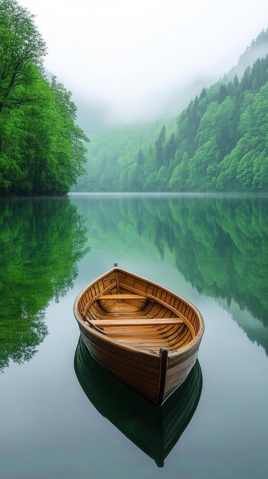 A boat floating on a calm lake surrounded by trees photo