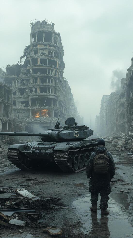 A man stands in front of a tank in a city photo