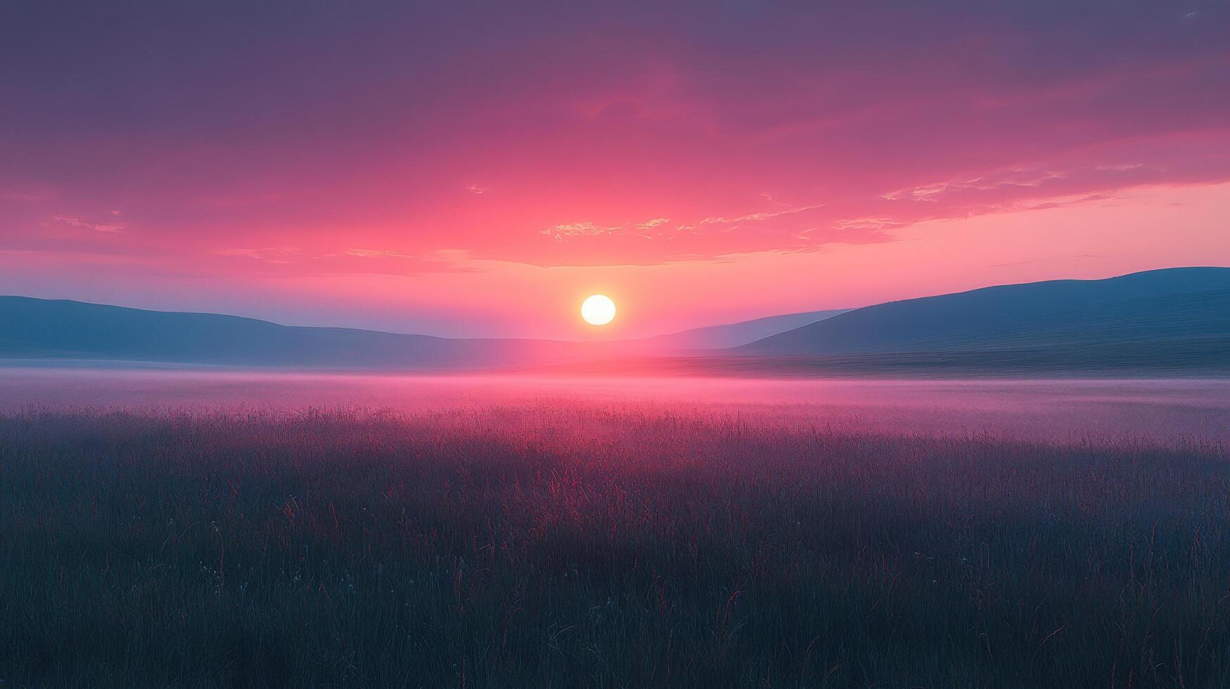 A sunset over a field with grass and mountains photo