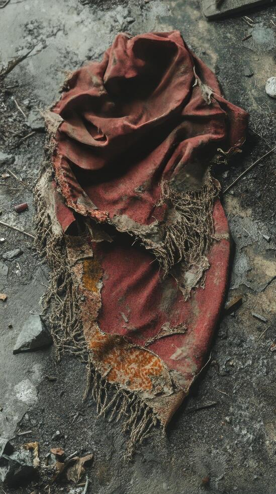 A red blanket on the ground with some debris photo