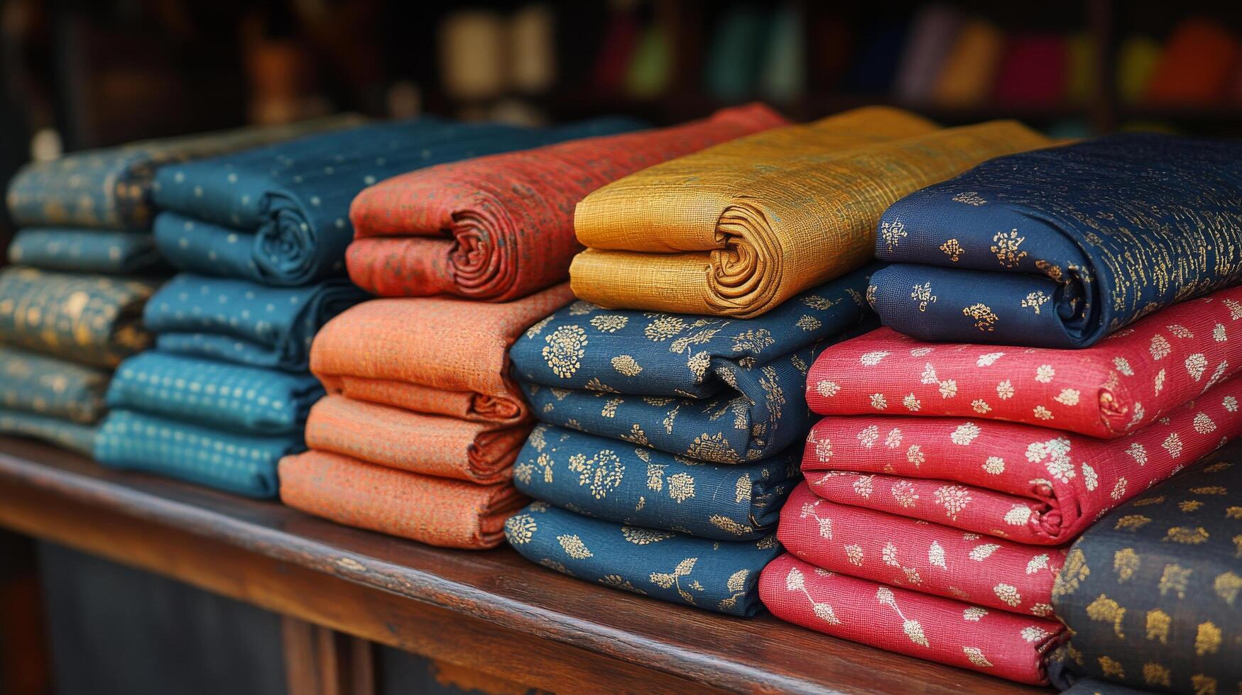 A pile of colorful cloths on a wooden shelf photo