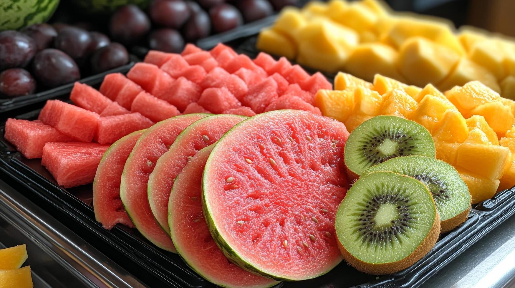 A tray of fruit with kiwi and watermelon photo