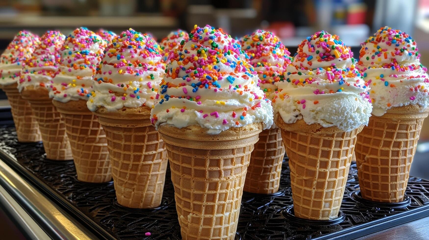 A row of ice cream cones with sprinkles on top photo