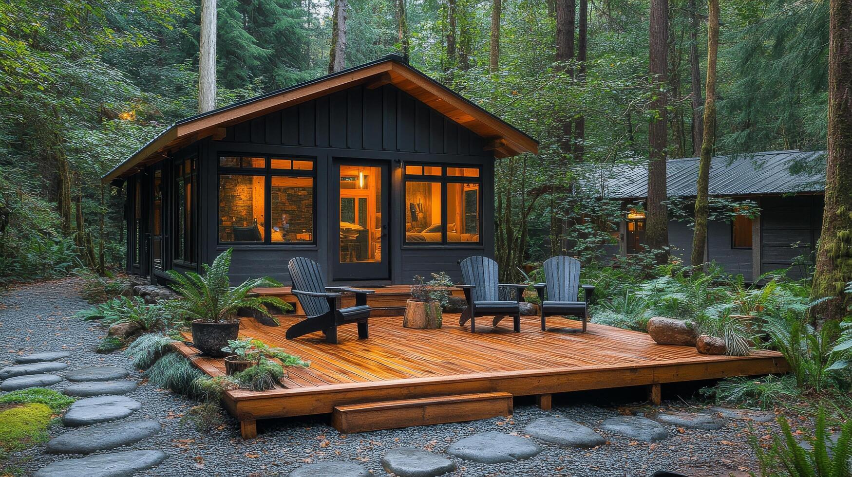 A small cabin in the woods with chairs and a deck photo