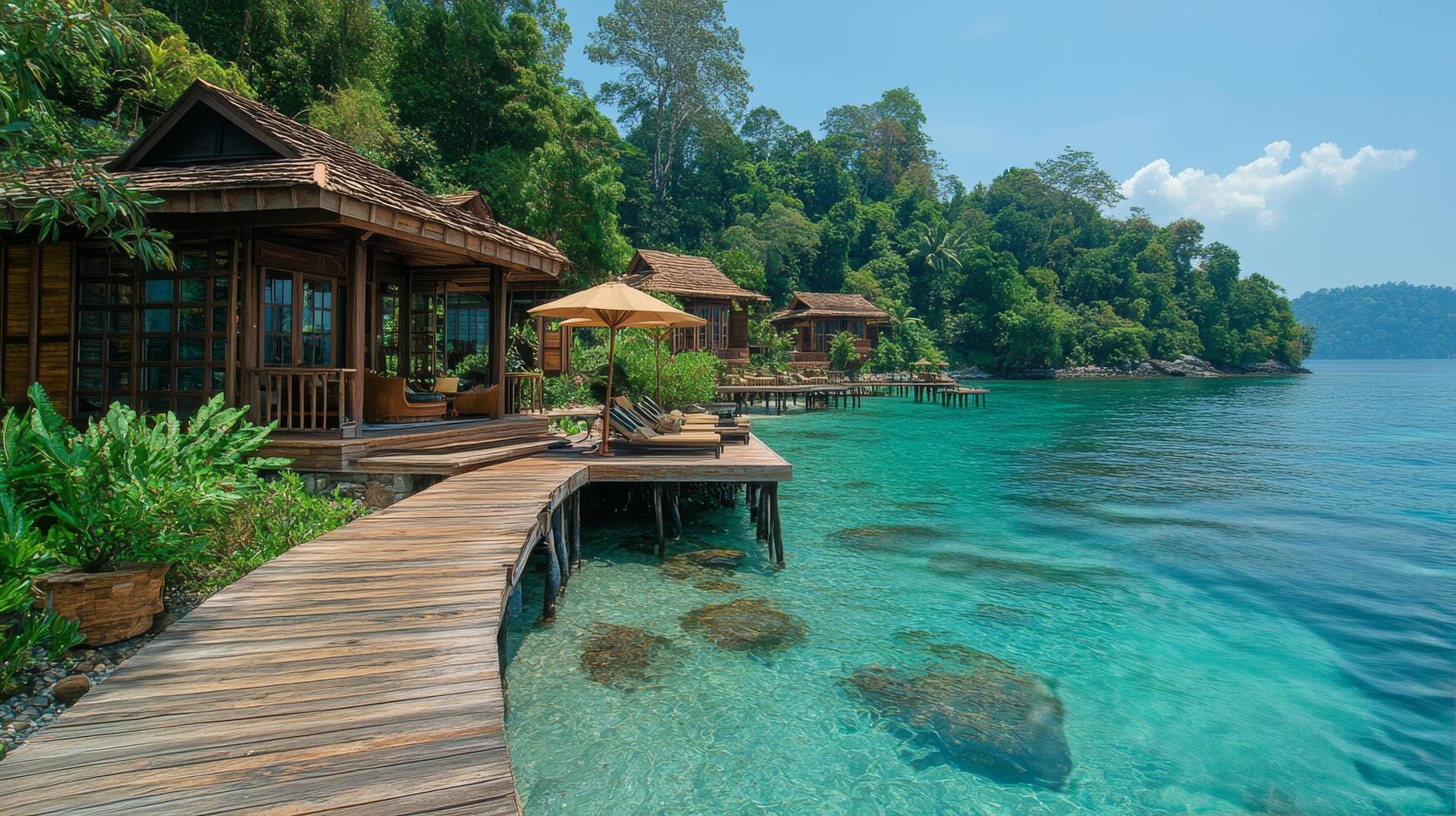 A wooden dock leads to a tropical island photo